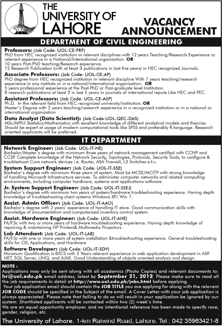 The University of Lahore Requires Teaching Staff and IT Staff (Government Job)