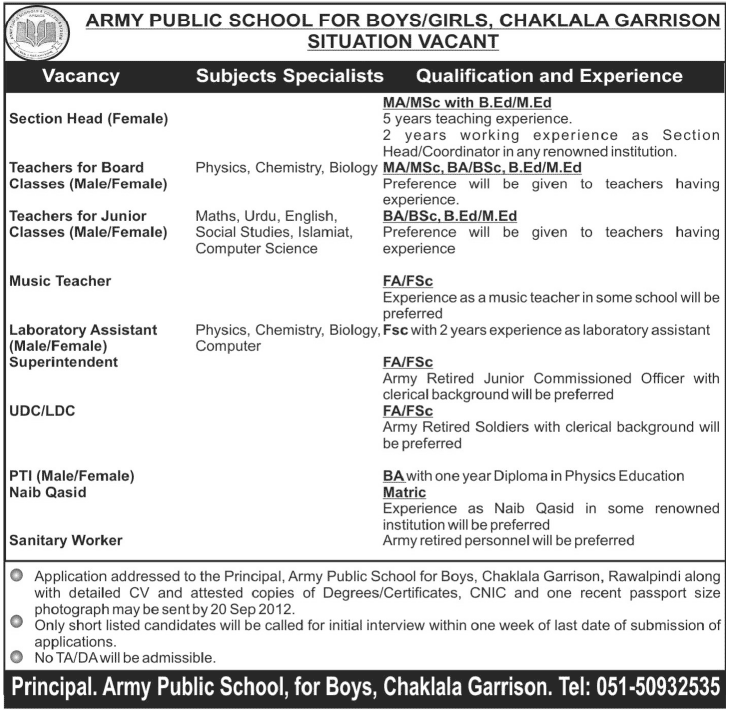 Army Public School for Boys/Girls Requires Teaching and Non-Teaching Staff