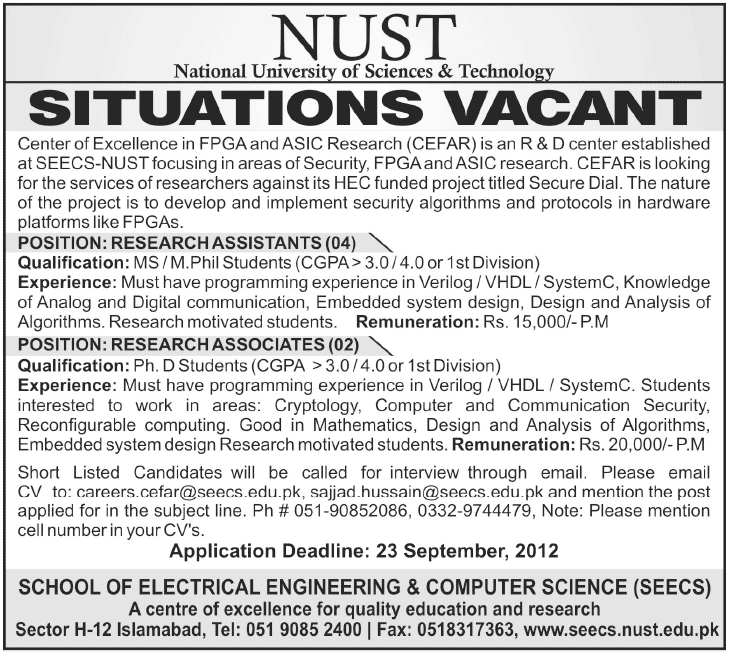 NUST Requires Research Associates Under Centre of Excellence in FPGA and ASIC Research