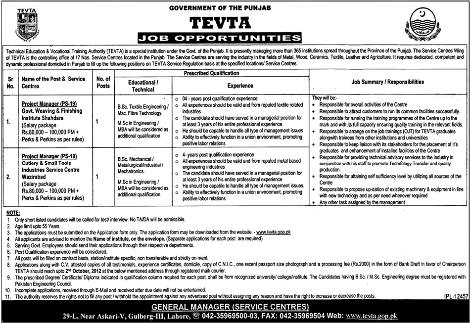 TEVTA Government of Punjab Requires Project Managers (Government Job)
