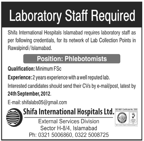 Shifa International Hospital Islamabad Requires Laboratory Staff