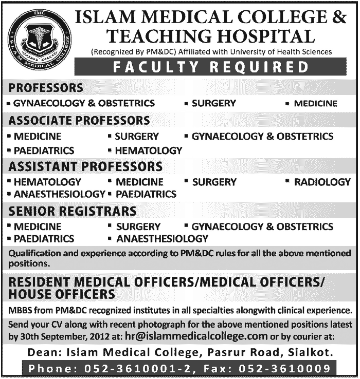 Islam Medical College & Teaching Hospital Requires Teaching Staff
