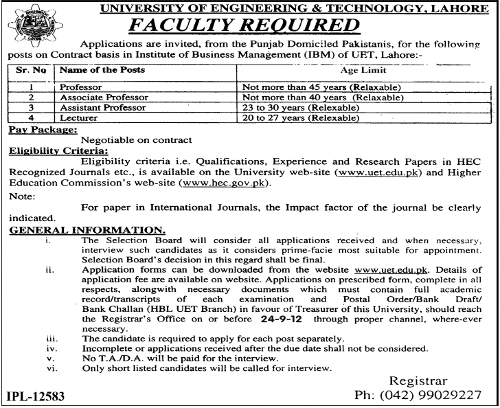 UET Lahore Requires Teaching Staff at Institute of Business Management (IBM)