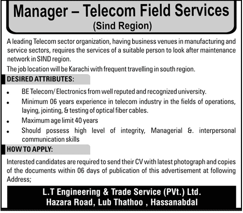 Telecom Sector Organization Requires Manager Telecom Field Services