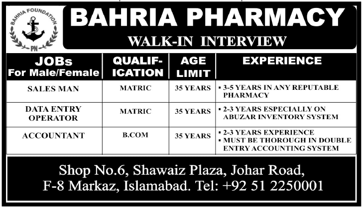 Sales and Account Staff Required at Bahria Pharmacy