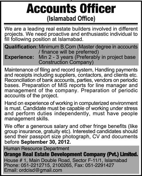 Accounts Officer Required for a Company