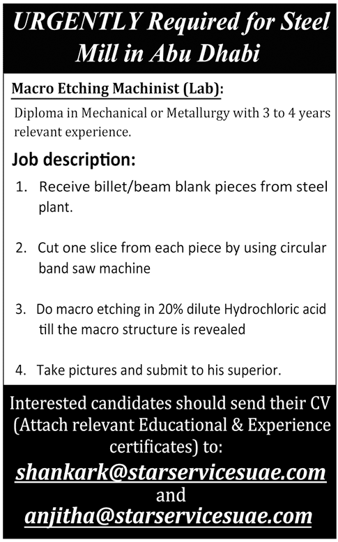 Macro Etching Machinist (Lab) Required for Abu Dhabi
