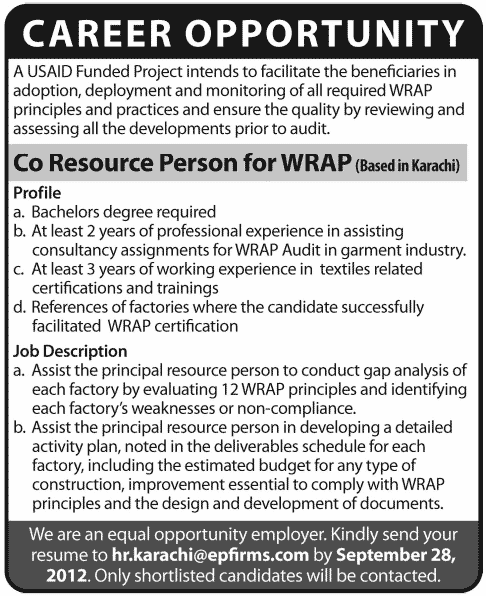 USAID Funded Project Requires Resource Person for WRAP