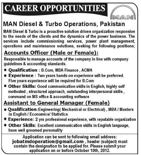 MAN Diesel & Turbo Operations Company Requires Account and Management Staff