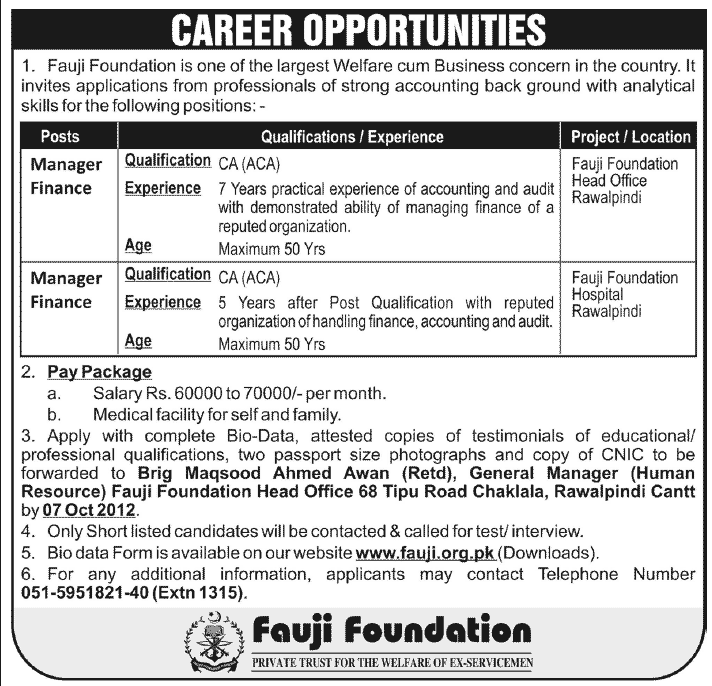 Fauji Foundation Requires Managers Finance