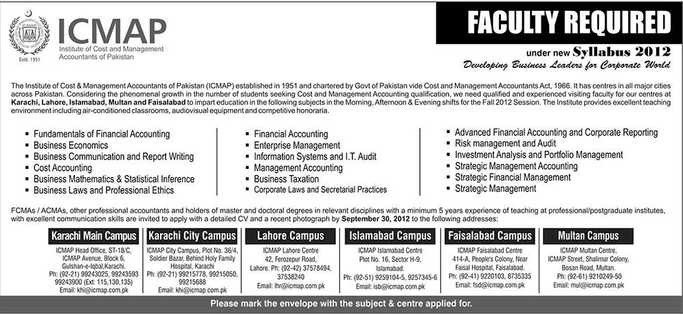 ICMAP Institute of Cost & Management Accountants of Pakistan Requires Teaching Faculty