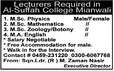 Lecturers Required by a Al-Suffah College