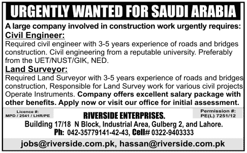 Civil Engineer and Land Surveyor Required for Saudi Arabia