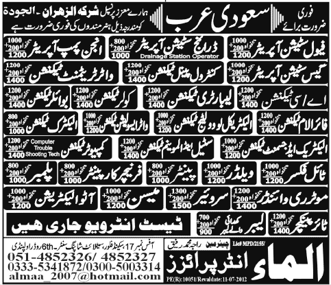 Water Treatment Plant and Fuel Station Staff Required for Saudi Arabia