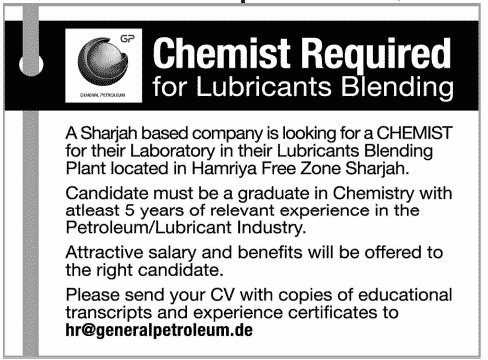 Chemist Required for a Lubricant Plant in Sharjah