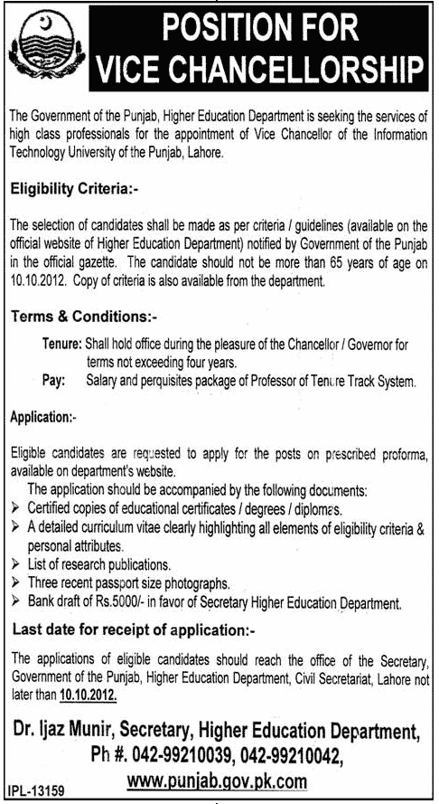 The Government of Punjab Requires Vice Chancellor of the IT University of the Punjab (Government Job)