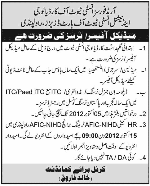 Medical Officers and Nurses Required at Armed Forces Institute of Cardiology (AFIC) (Government Job)
