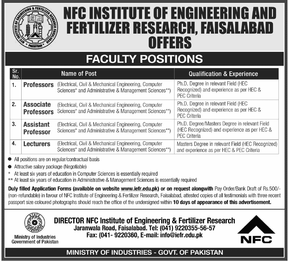 NFC Institute of Engineering and Fertilizer Research Requires Teaching Faculty
