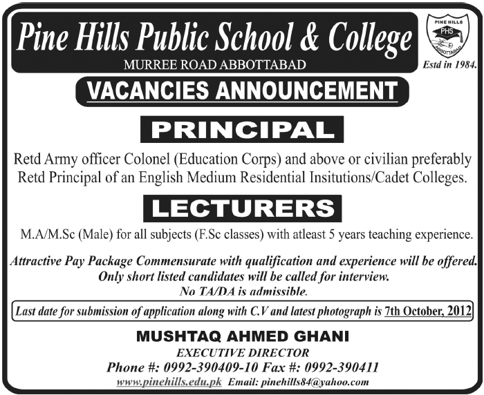 Pine Hills Public School & College Requires Teaching Faculty