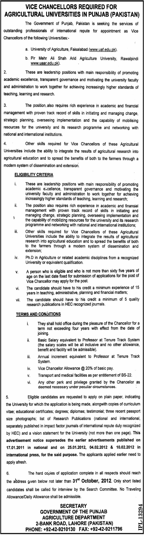 Vice Chancellors Required for Agricultural Universities in Punjab (Pakistan) (Government Job)