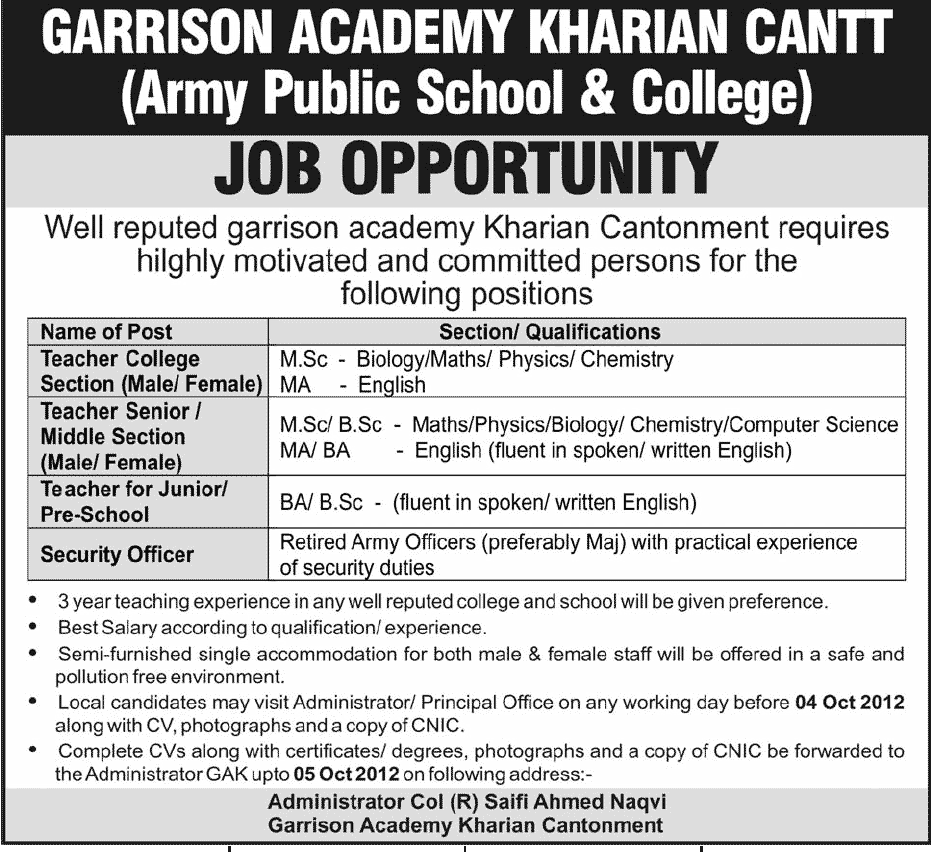 Garrison Academy Kharian Cantt Requires Teaching Staff