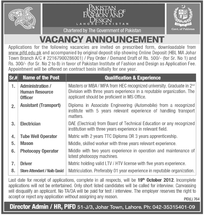 Pakistan Institute of Fashion and Design Requires Support Staff (Government Job)
