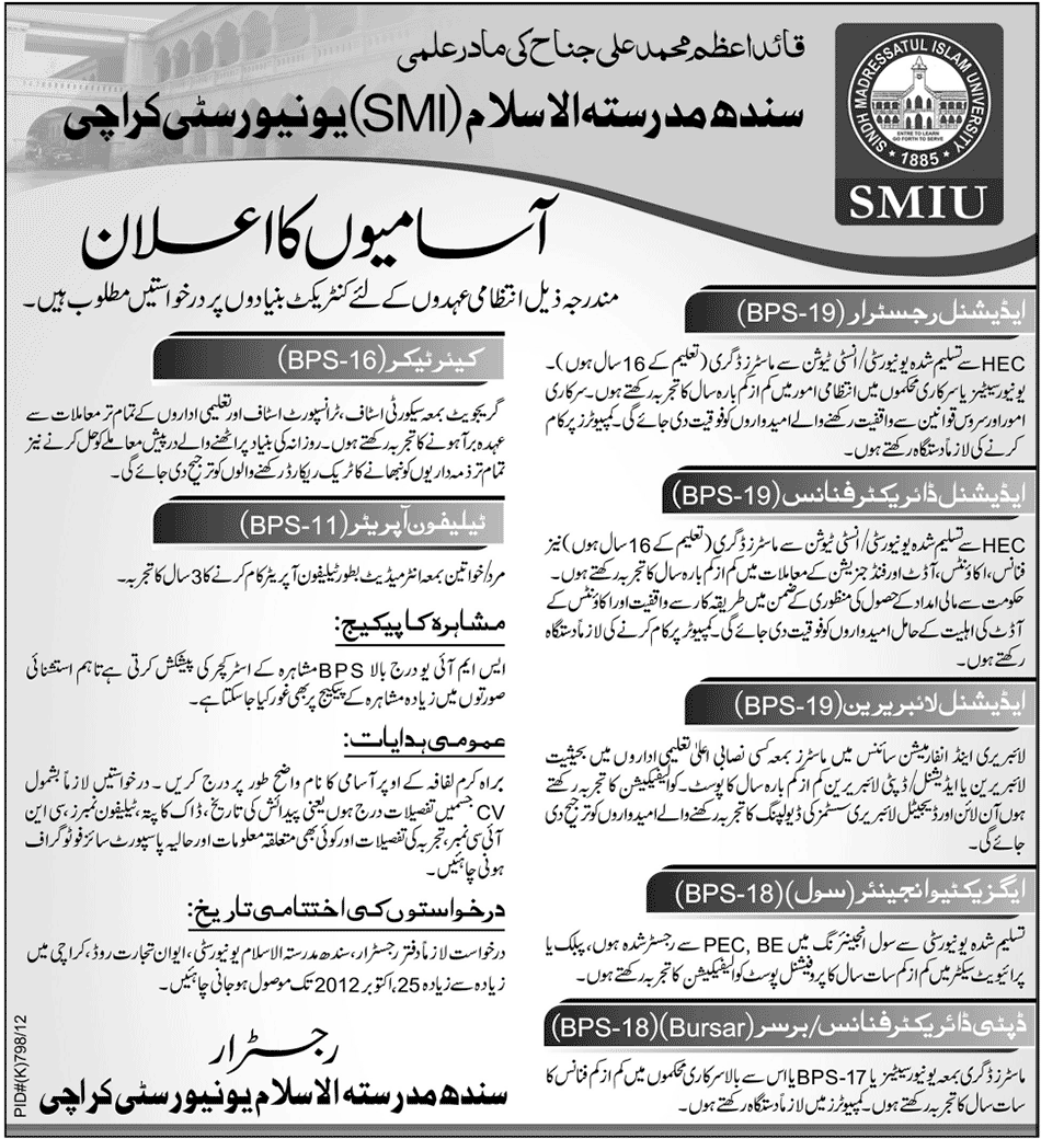 SMIU Sindh Madressatul Islam University Karachi Requires Non-Teaching Staff (Government Job)