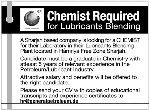 Chemist Required for Lubricant Blending Plant in Sharjah