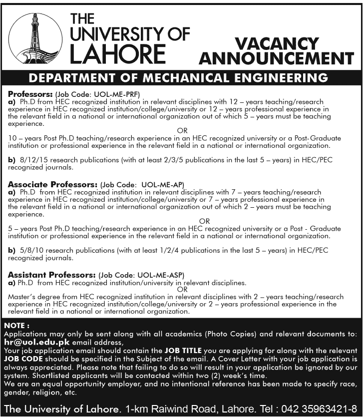 The University of Lahore Requires Teaching Faculty for Department of Mechanical Engineering (Government Job)