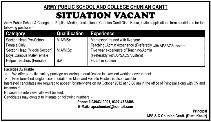 Army Public School and College Chunian Cantt. Requires Teaching Staff