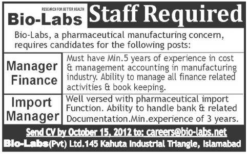 Finance and Imports Managers Required for a Pharmaceutical Manufacturing Concern