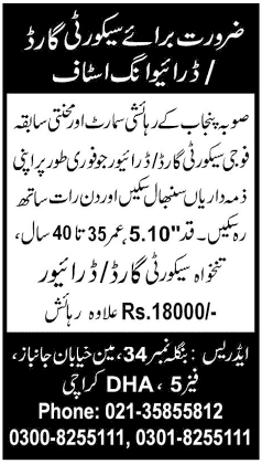 Security Gaurd and Driver Required in Karachi