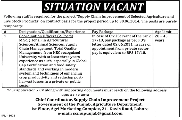 Coordination Officers Required by Supply Chain Improvement Project, Agriculture Department, Government of the Punjab