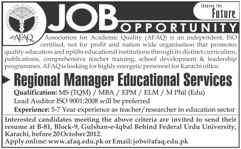 Regional Manager Educational Services Required by AFAQ