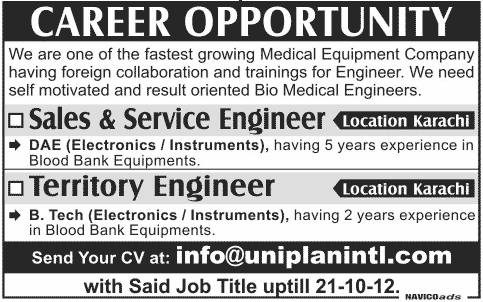 Sales and Service Engineer and Territory Engineer Jobs in Medical Equipment Company
