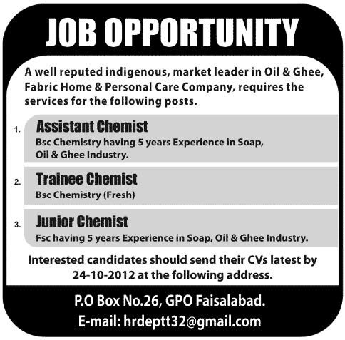 Assistant Chemist, Trainee Chemist and Junior Chemist Required