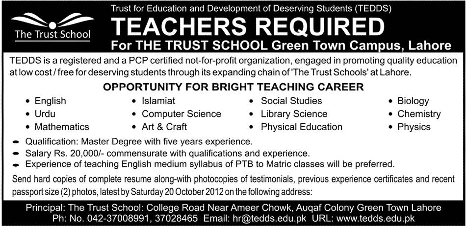 Teachers Required in The Trust School