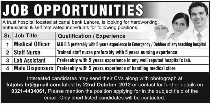 Medical Jobs in Trust Hospital, Lahore