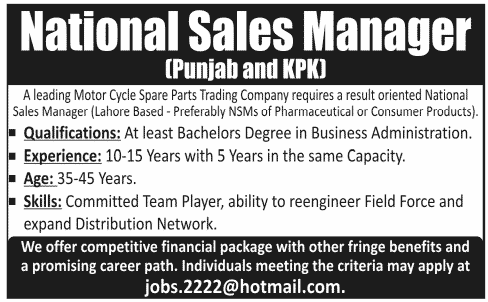 National Sales Manager Required by Leading Motor Cycle Spare Parts Trading Company