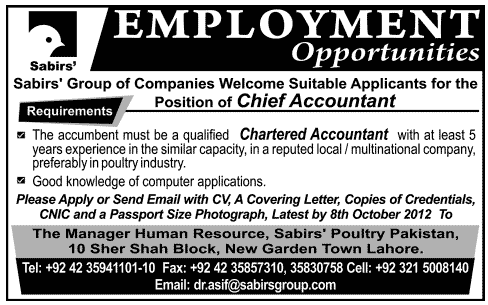 Sabirs' Group of Companies Requires Chief Accountant