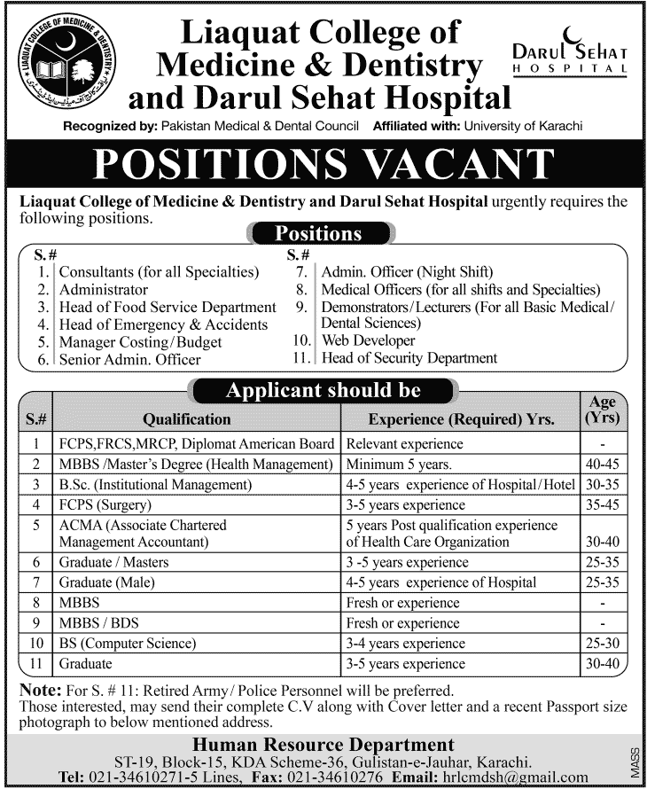 Jobs in Liaquat College of Medicine & Dentistry and Darul Sehat Hospital