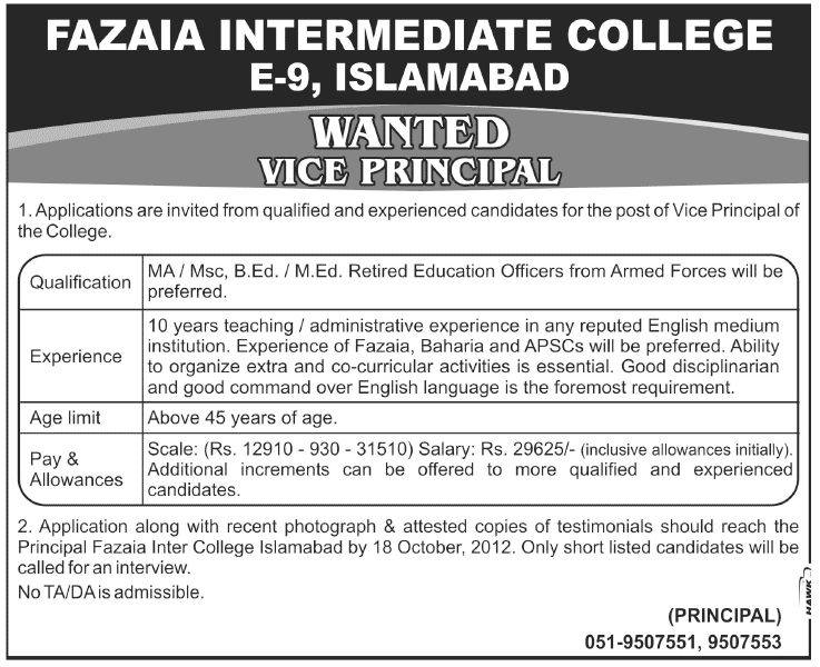 Vice Principal Job in Fazaia Intermediate College E-9 Islamabad