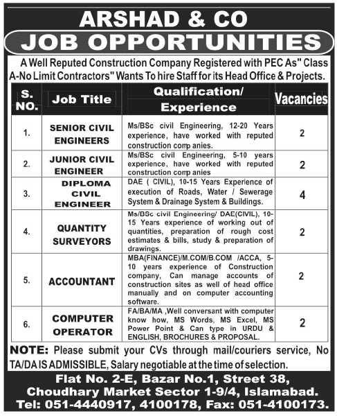 Arshad & Company Requires Engineering and Office Staff