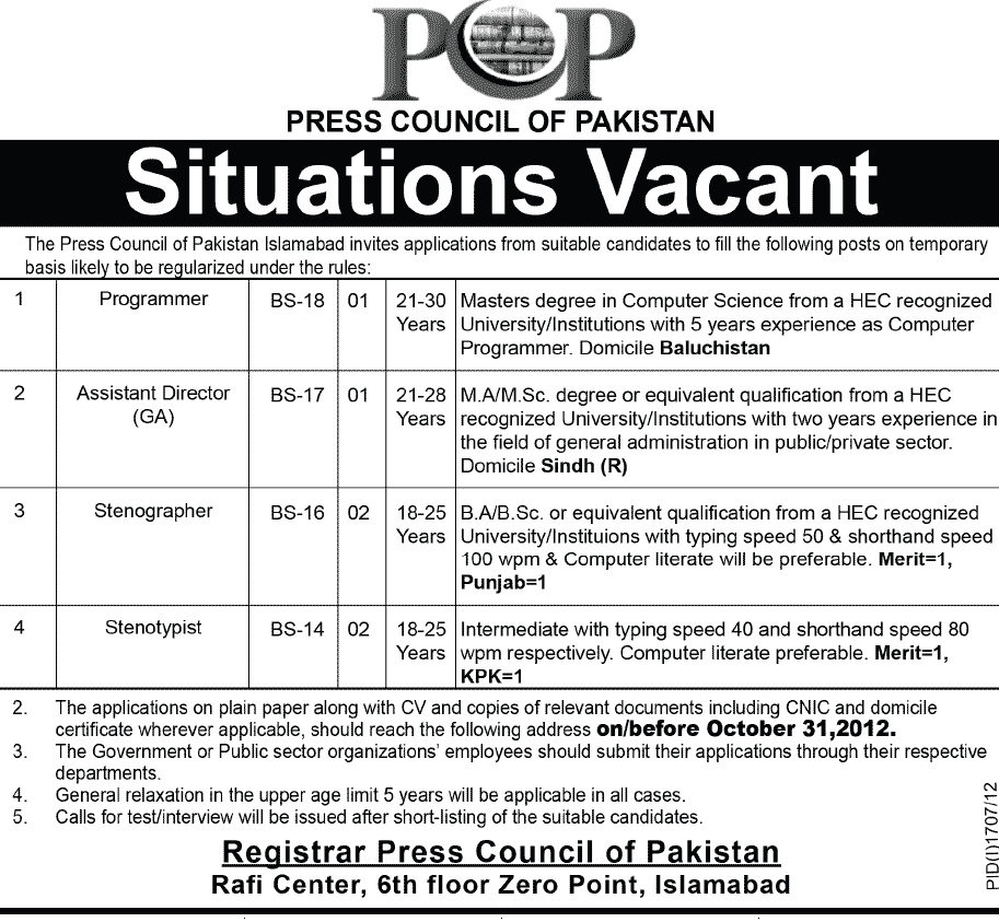 Situation Vacant in Press Council of Pakistan