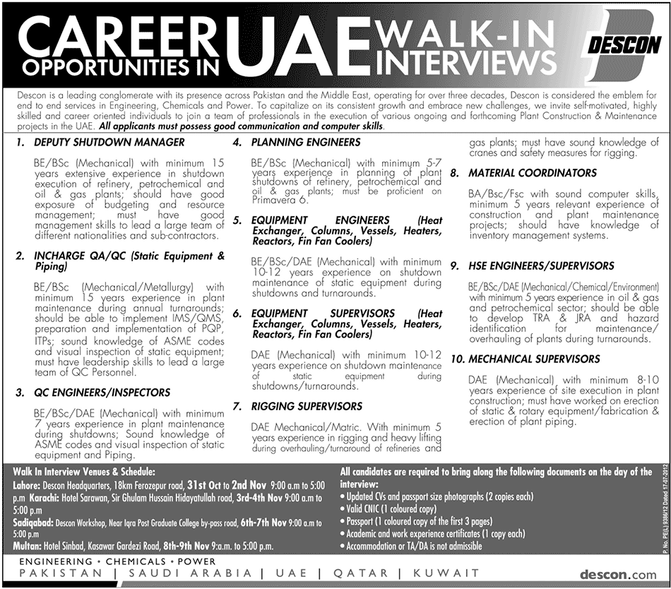 Career Opportunities in UAE Walk in Interview