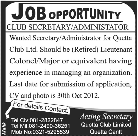 Club Secretary Required in Quetta