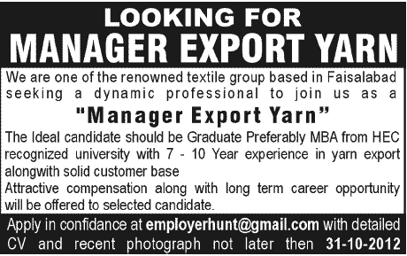 Manager Export Yarn Required
