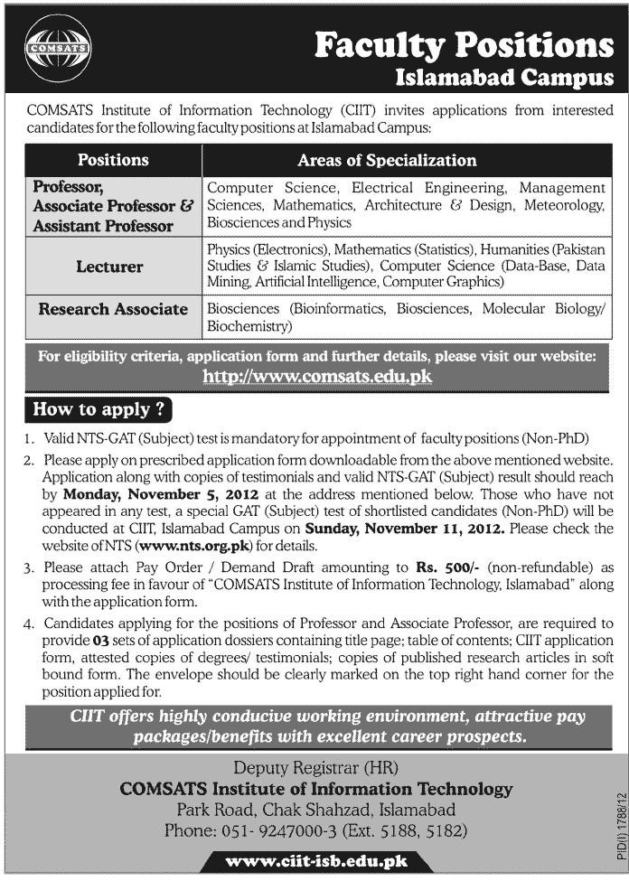 Jobs in COMSATS Institute of Information Technology