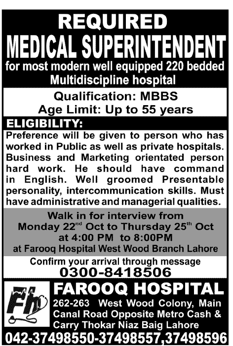 Medical Superintendent Required