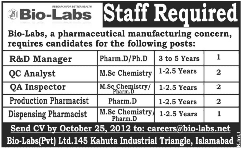 Jobs in Bio Labs Islamabad